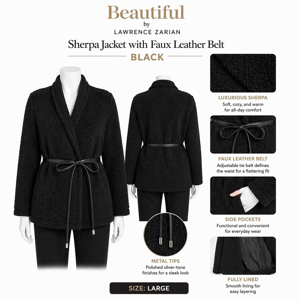 Beautiful by Lawrence Zarian Black Sherpa Jacket Faux Leather Belt Large A667209